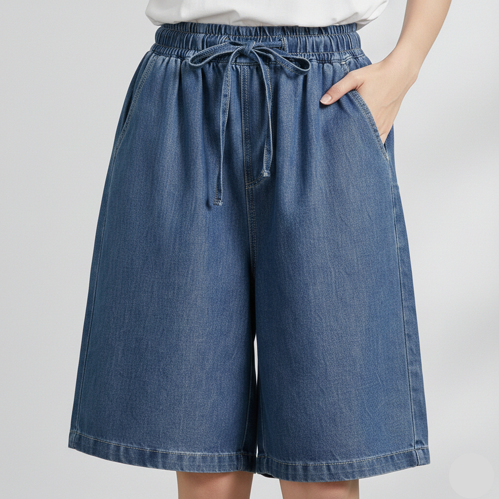 Wide Leg Shorts for Women with Stretch Waistband and Relaxed Fit, Cotton Blend