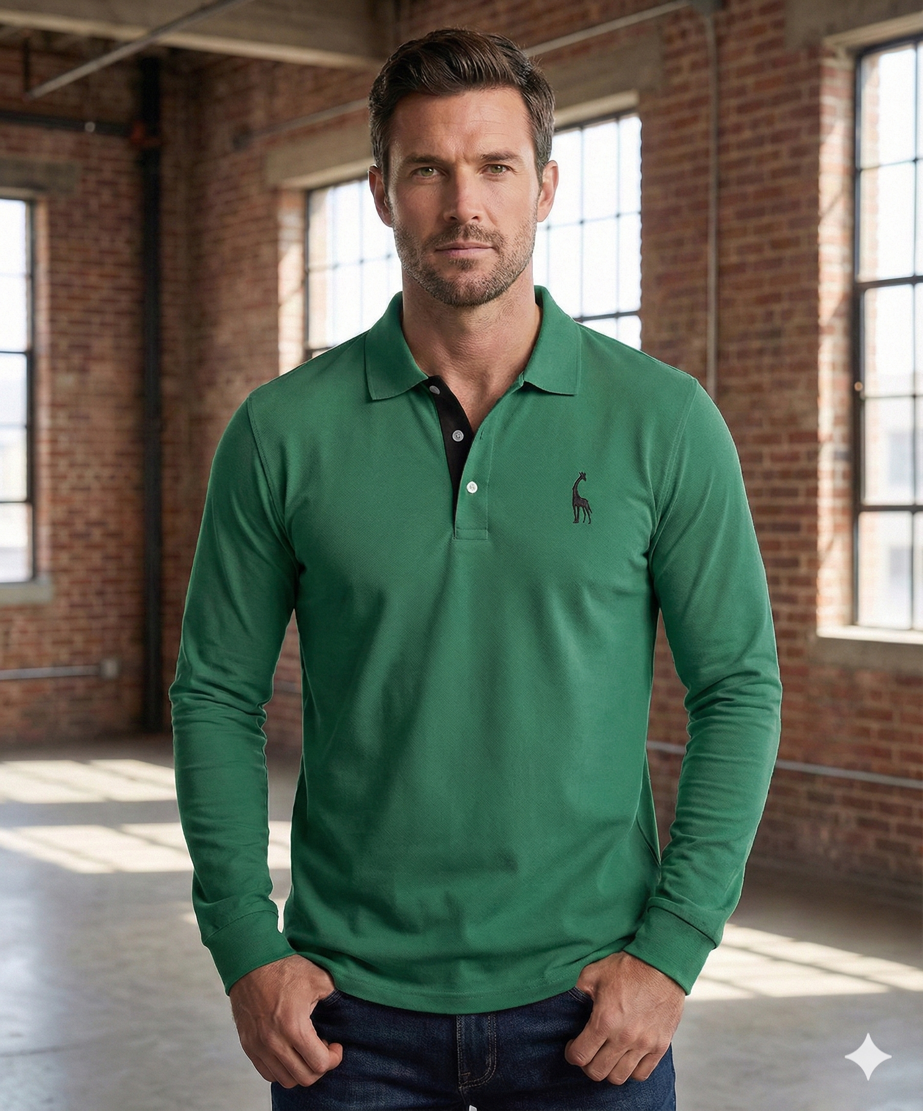 Men's Long Sleeve Polo Shirt with Slim Fit and Button Placket, Machine Washable