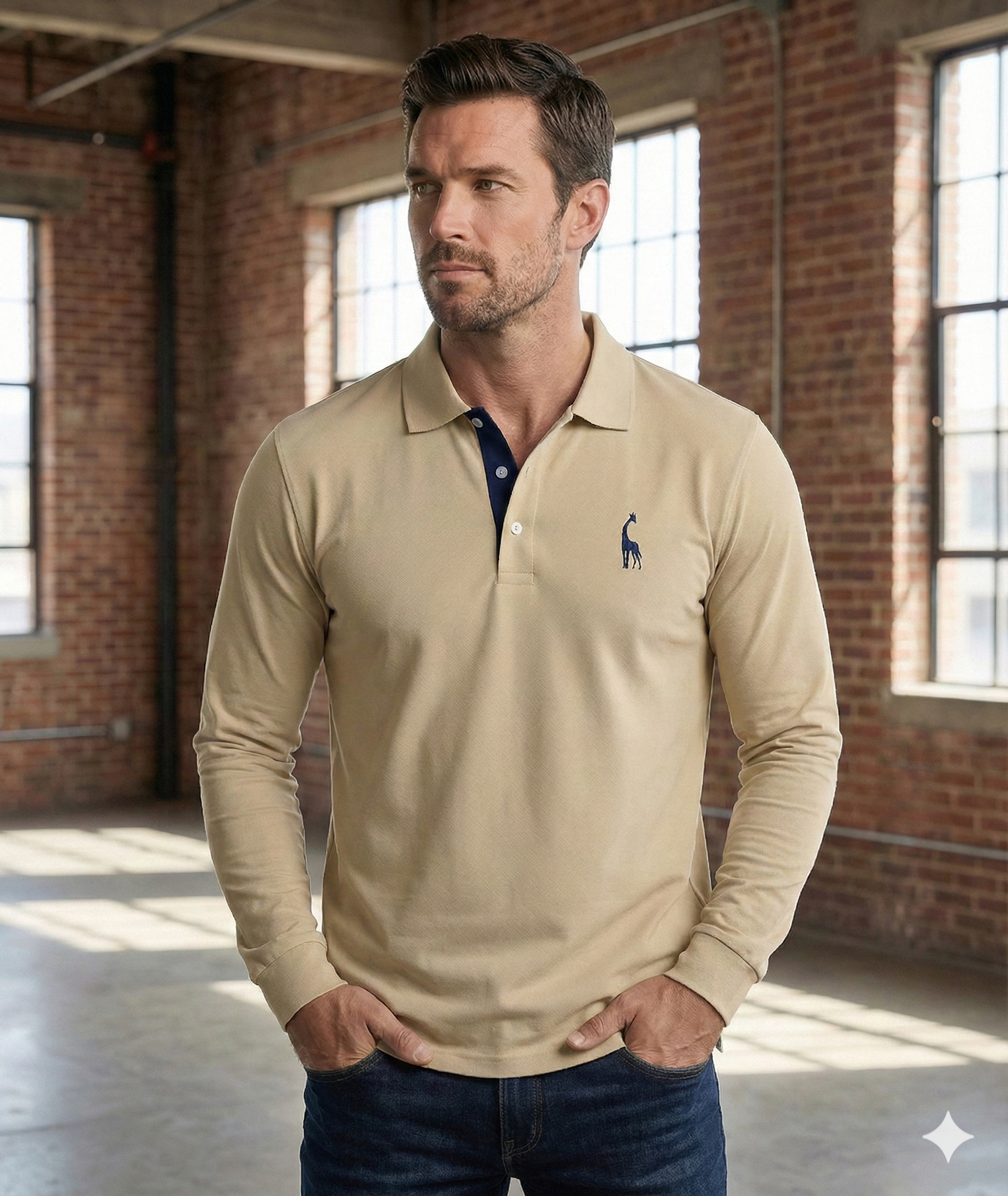 Men's Long Sleeve Polo Shirt with Slim Fit and Button Placket, Machine Washable