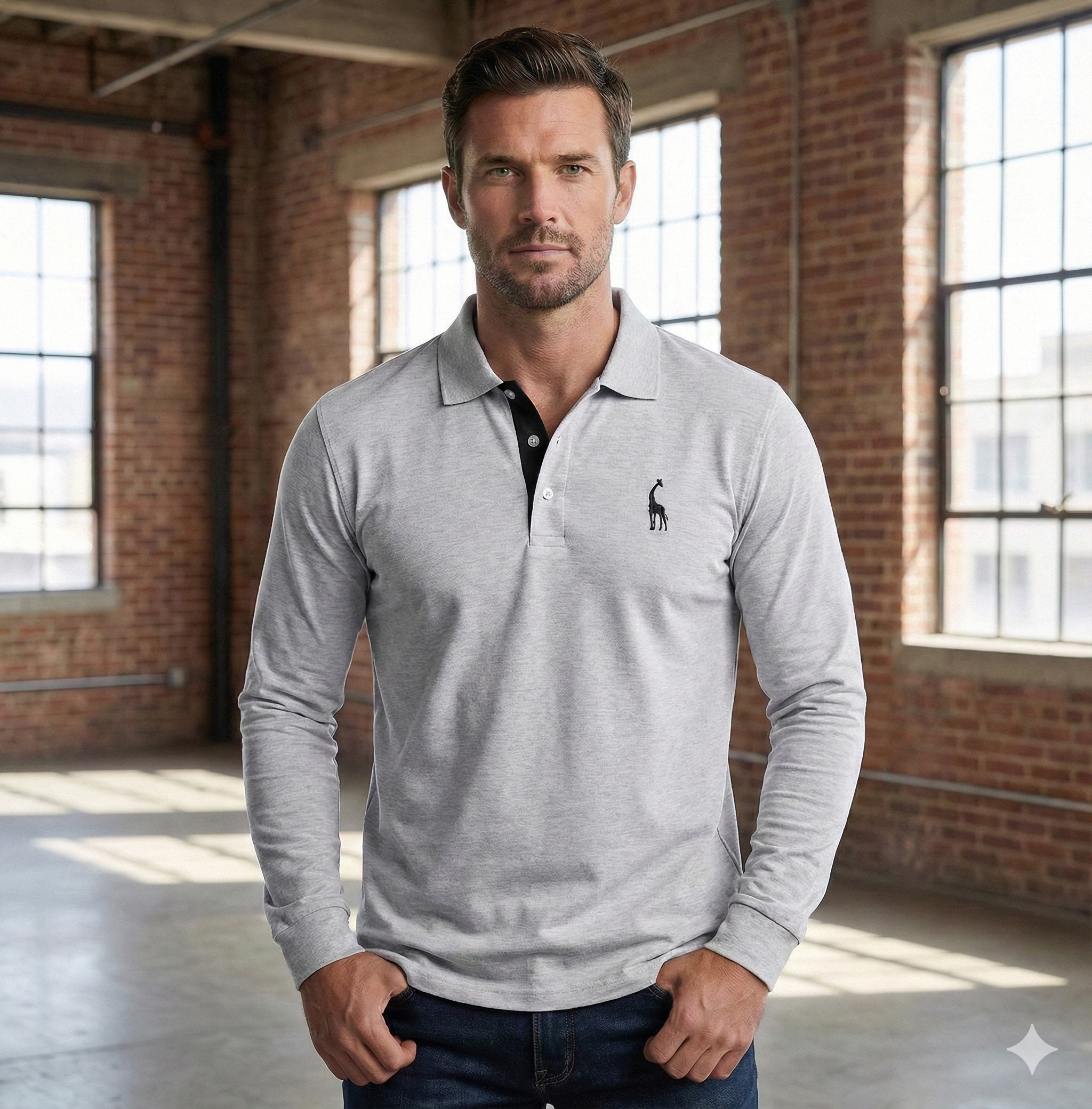 Men's Long Sleeve Polo Shirt with Slim Fit and Button Placket, Machine Washable