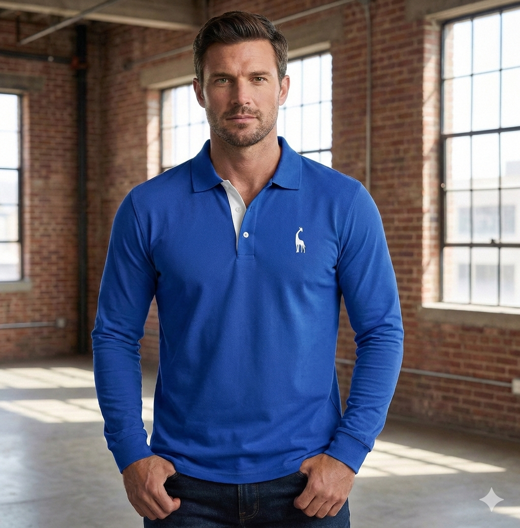 Men's Long Sleeve Polo Shirt with Slim Fit and Button Placket, Machine Washable