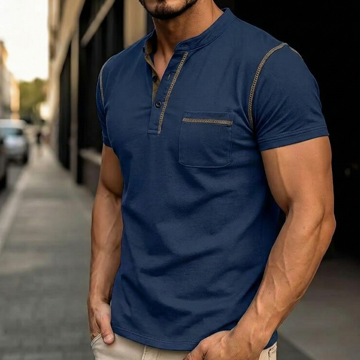 Henley Polo Shirt for Men with Button Placket and Chest Pocket, Breathable Soft Knit