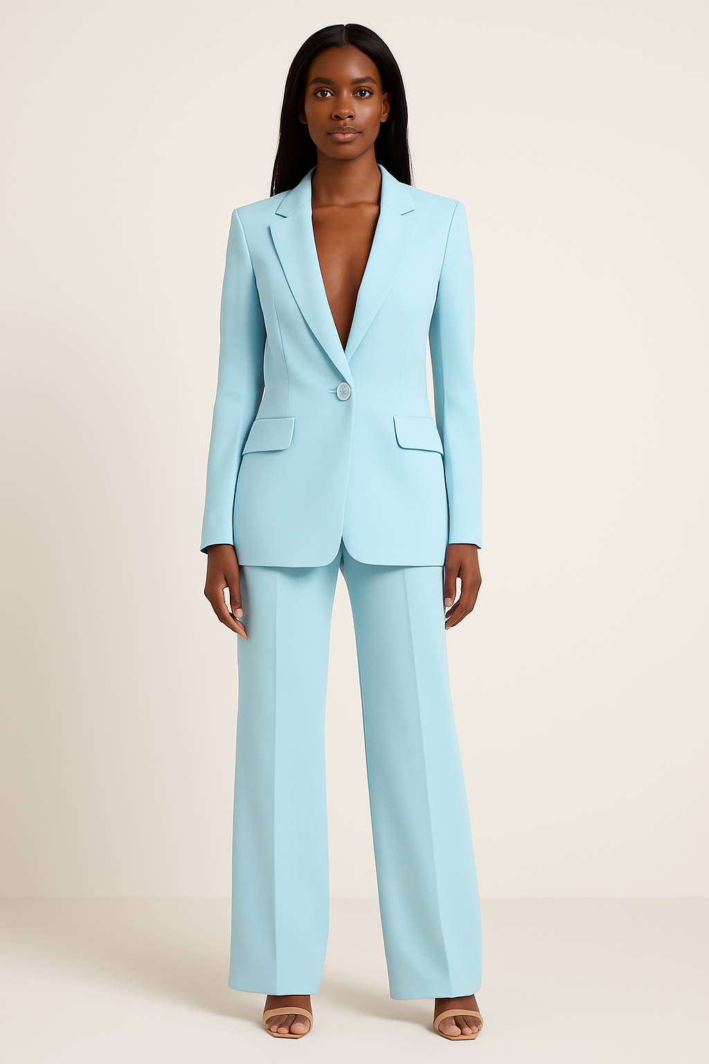 Women's Tailored Suit Set with Longline Blazer and Slim Trousers, Slight Stretch Fabric