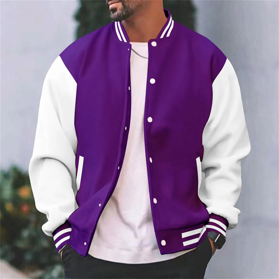 Men's Varsity Jacket with Metal Snap Front and Ribbed Trims, Relaxed Fit