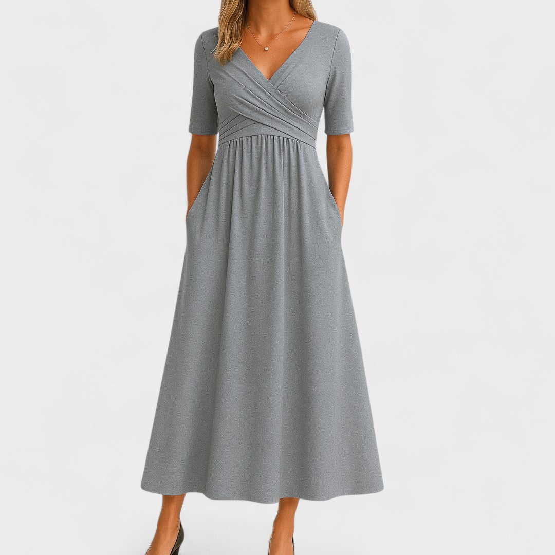 Women's V-Neck Midi Dress with Breathable Stretch Fabric and Tailored Fit