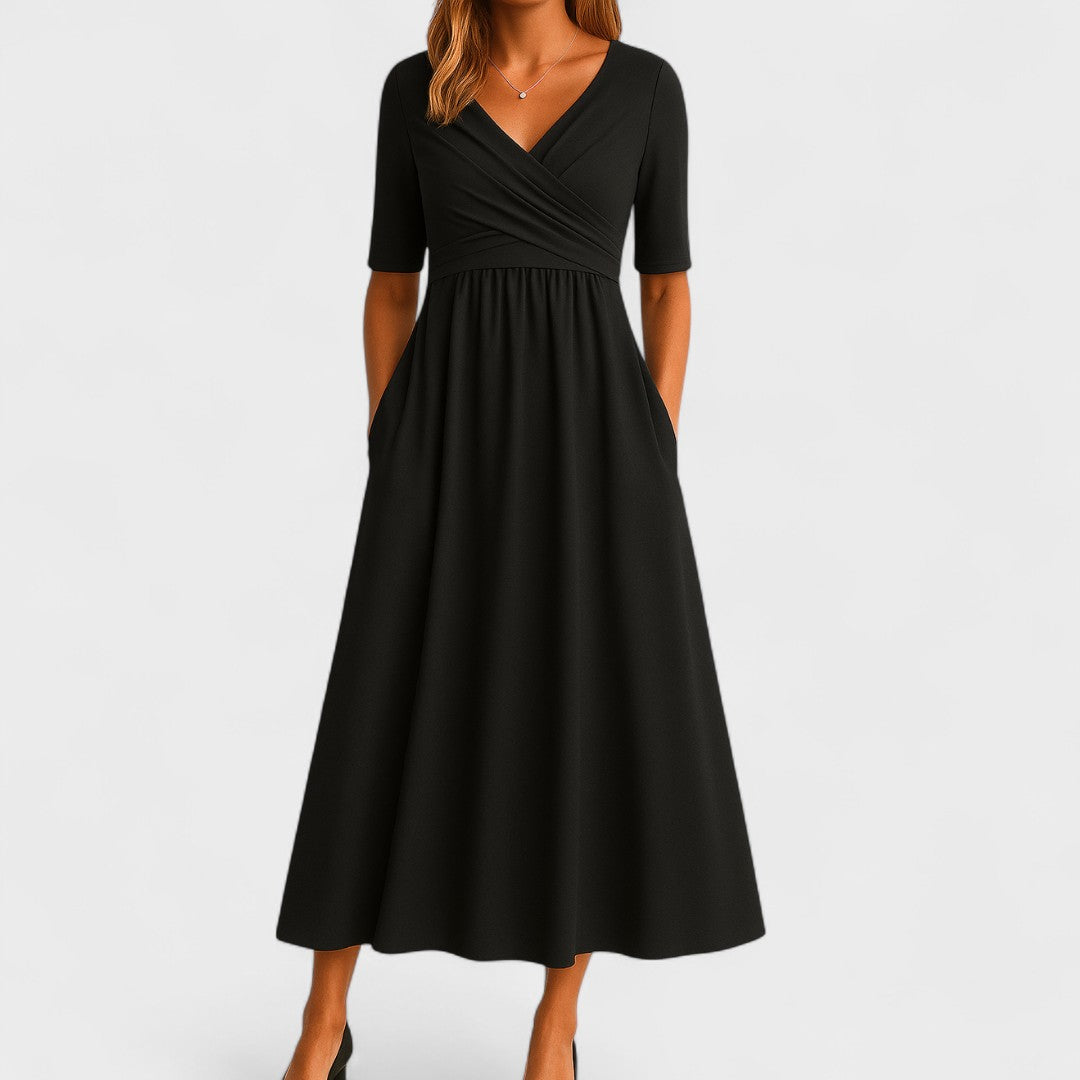 Women's V-Neck Midi Dress with Breathable Stretch Fabric and Tailored Fit