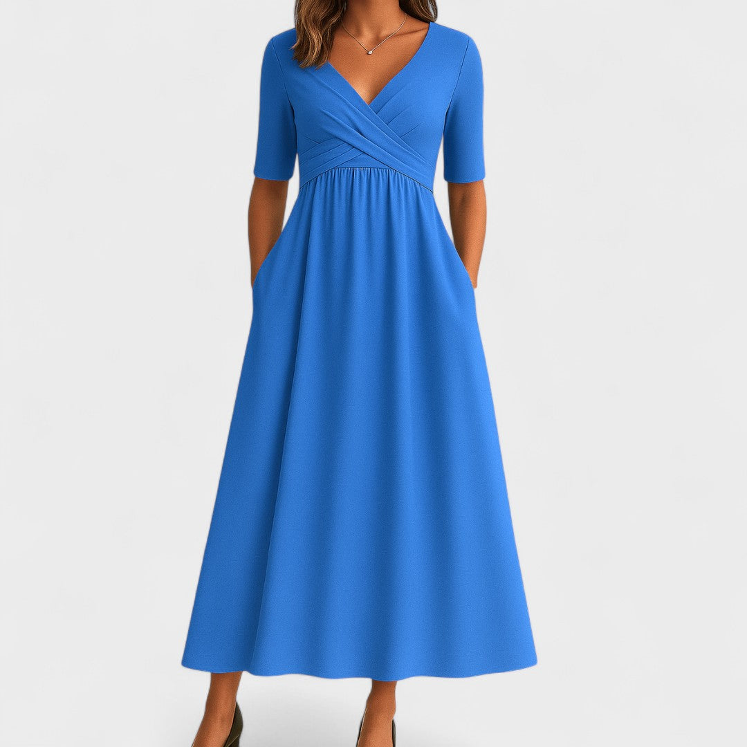 Women's V-Neck Midi Dress with Breathable Stretch Fabric and Tailored Fit