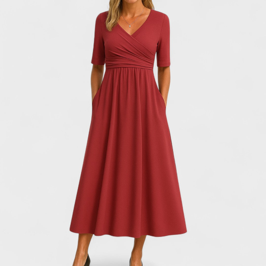 Women's V-Neck Midi Dress with Breathable Stretch Fabric and Tailored Fit