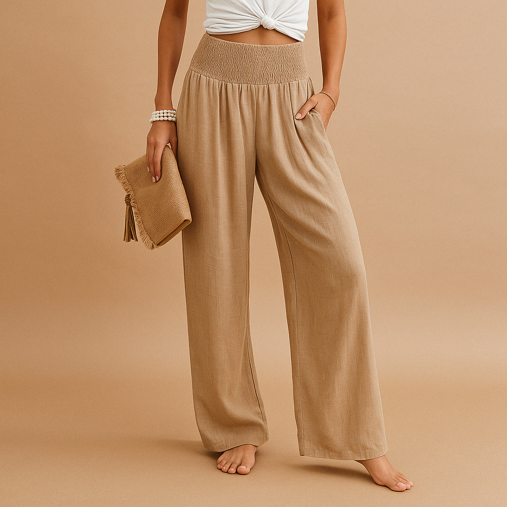 Elegant High Waist Linen Trousers for Women – Casual Elastic Waist