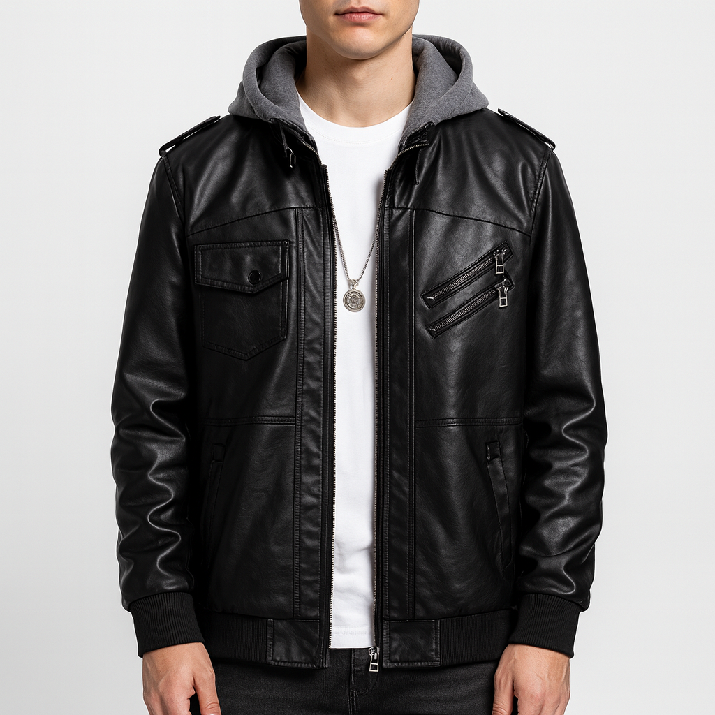 Luminovi | Faux Leather Bomber Jacket-Jacket