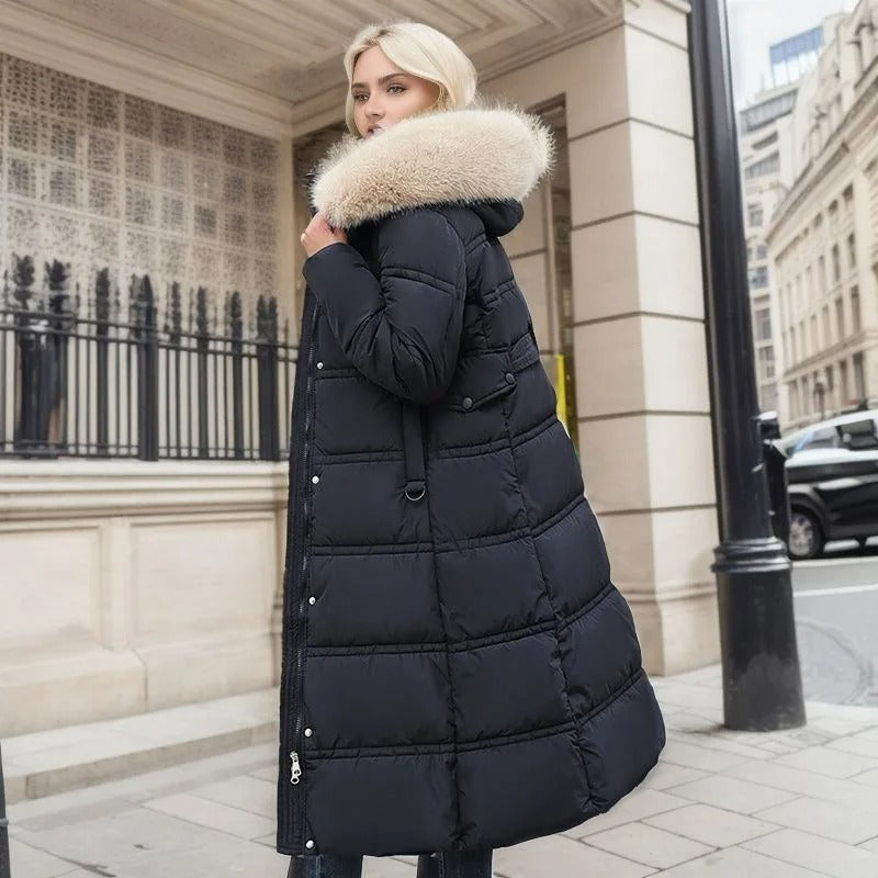 Women's Long Puffer Coat with High Collar and Quilted Fill, Full-Length Zipper