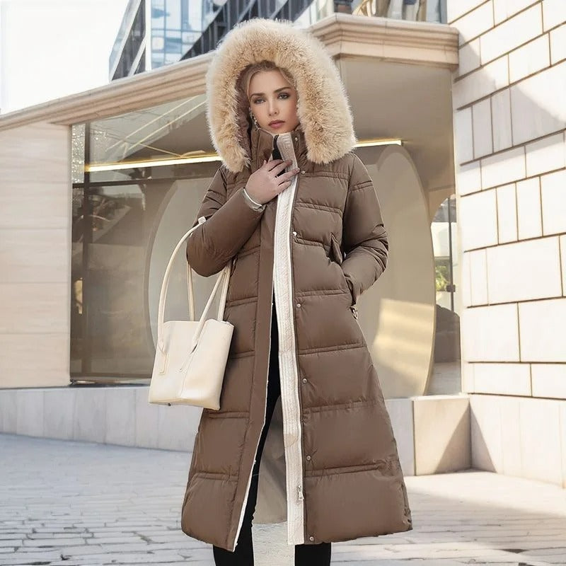 Women's Long Puffer Coat with High Collar and Quilted Fill, Full-Length Zipper