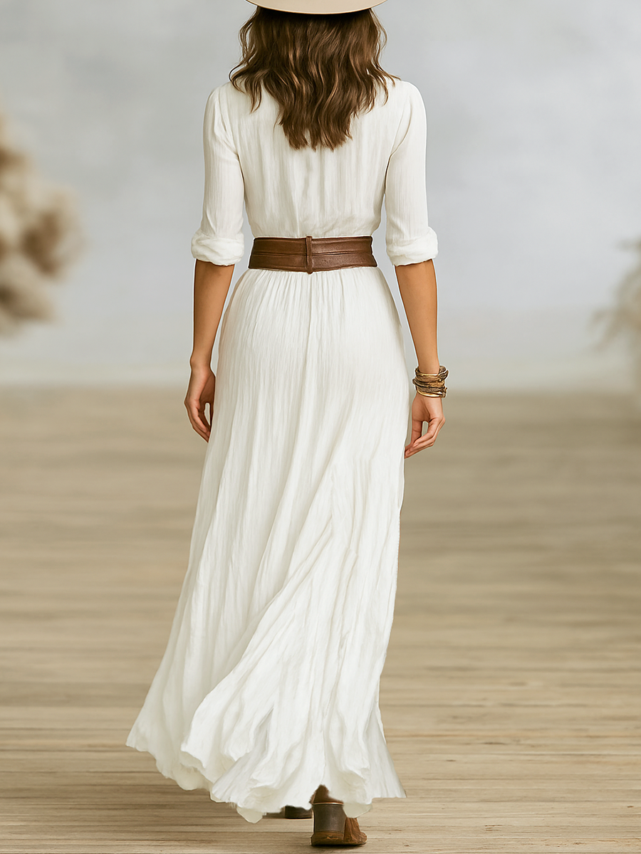 Maxi Dress with Shawl Collar and Adjustable Waist Belt, Floor-Length