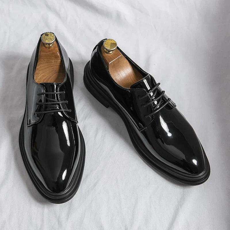 Men's Derby Dress Shoes with High-Gloss Patent Finish and Cushioned Insole, All-Season