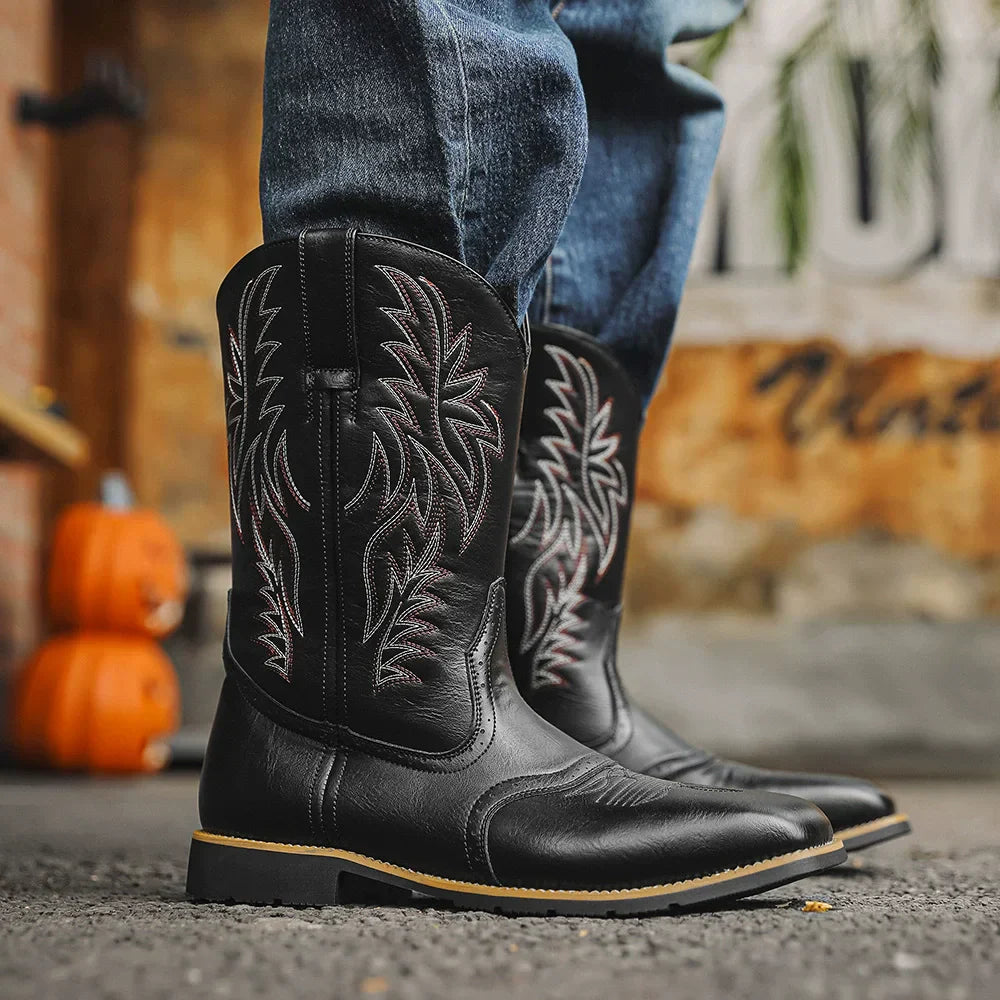 Cowboy Boots for Men with Flame Stitch and Tall Pull on Shaft, Traction Outsole