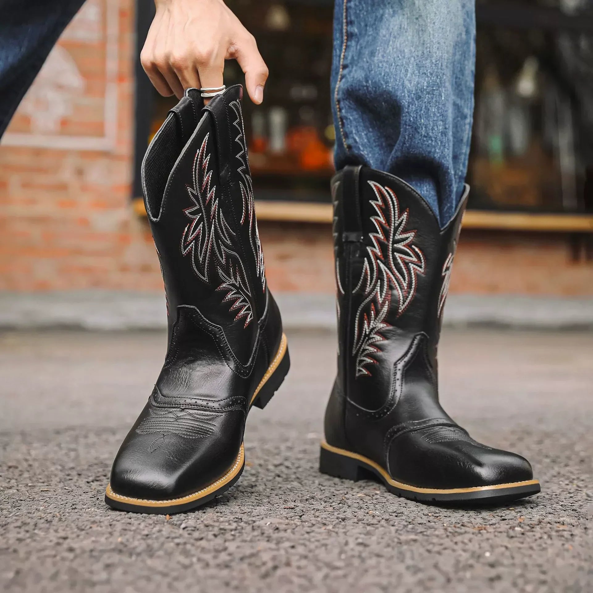 Cowboy Boots for Men with Flame Stitch and Tall Pull on Shaft, Traction Outsole