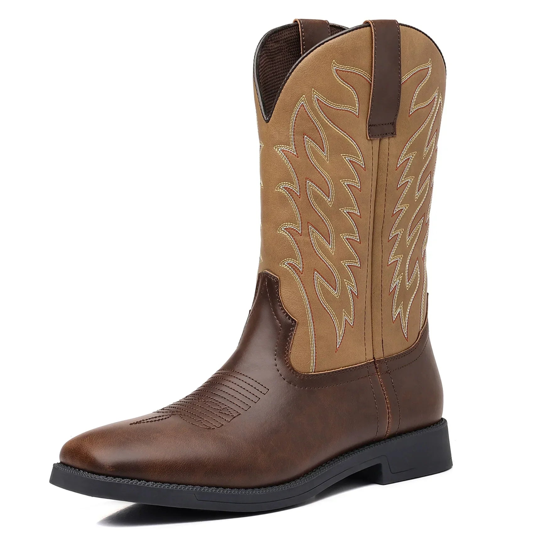 Cowboy Boots for Men with Flame Stitch and Tall Pull on Shaft, Traction Outsole