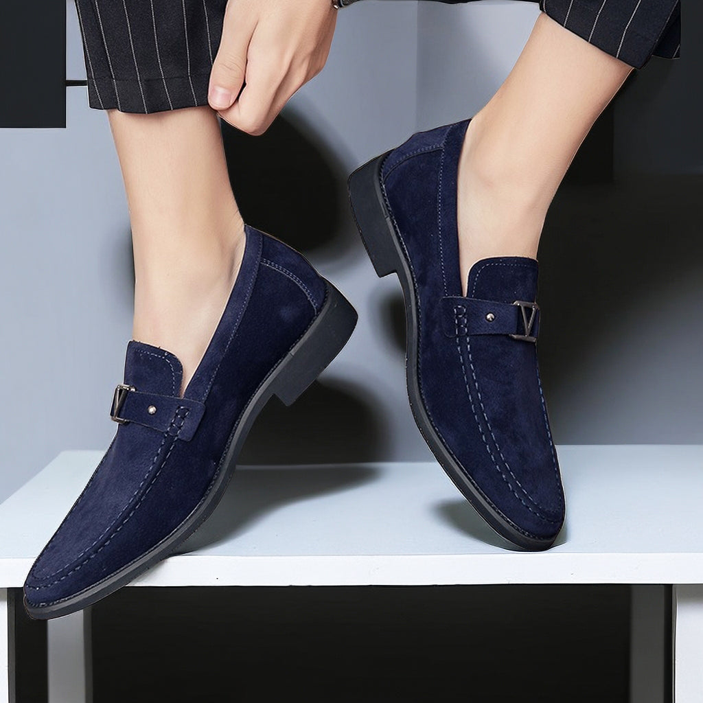 Men's Suede Loafers with Contoured Footbed and Low Heel, Slip-On Casual to Dress