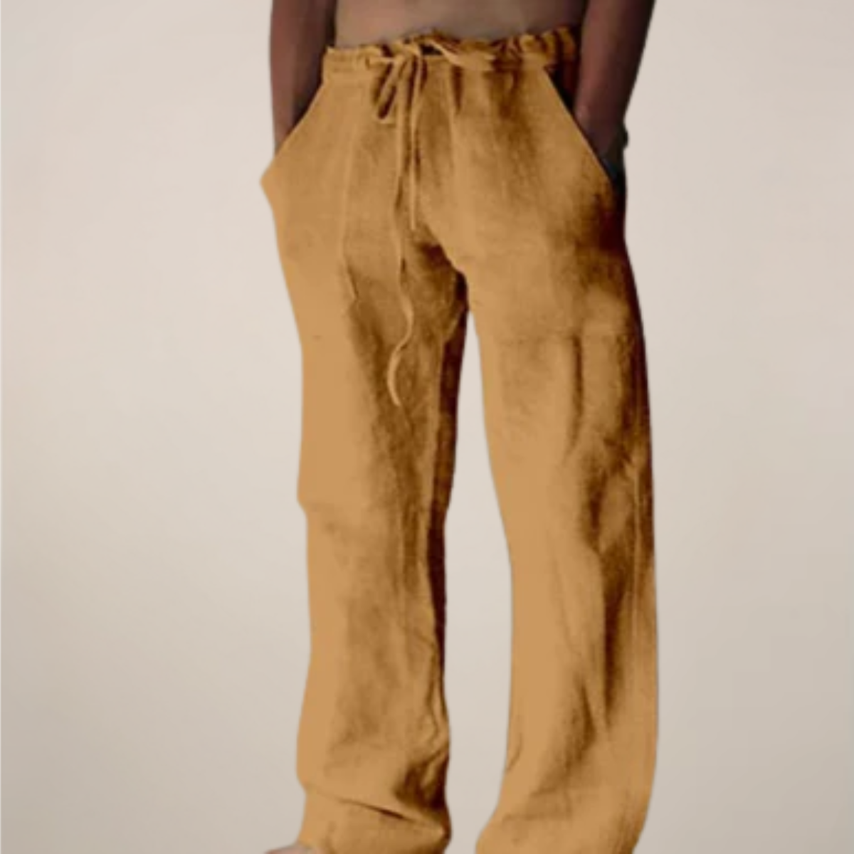 Linen Blend Relaxed Fit Trousers with Elastic Waistband and Drawstring for Men