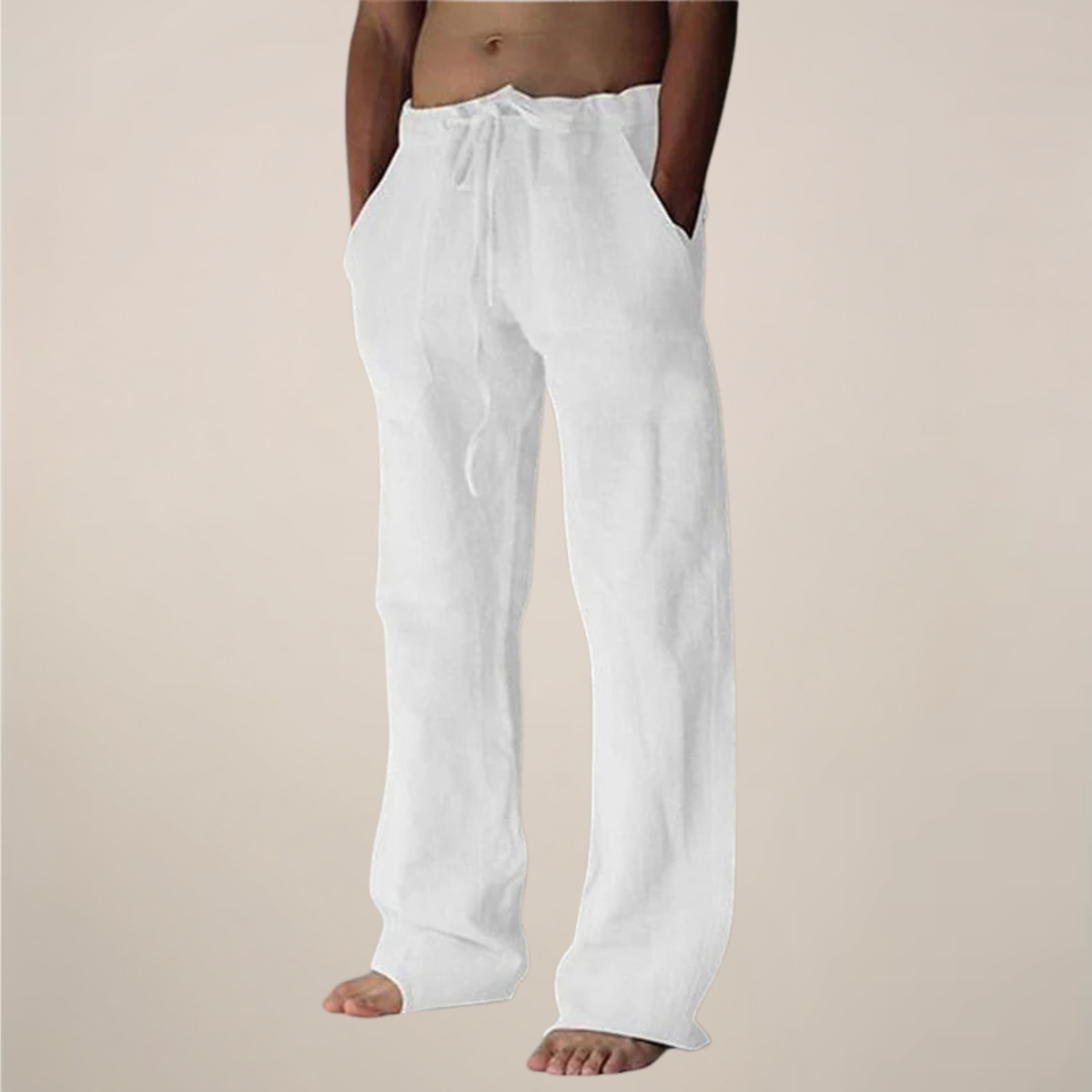 Linen Blend Relaxed Fit Trousers with Elastic Waistband and Drawstring for Men