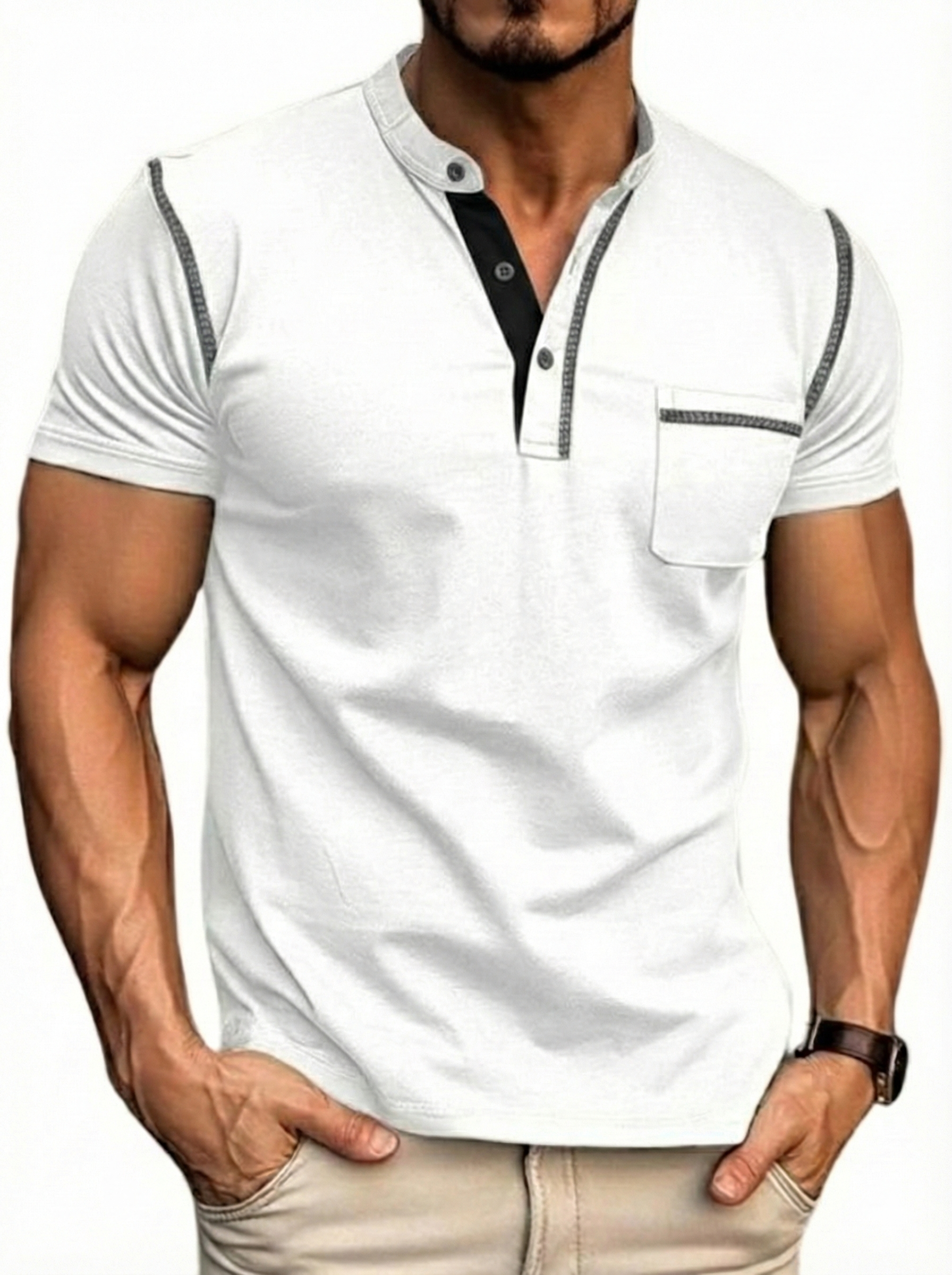 Henley Polo Shirt for Men with Button Placket and Chest Pocket, Breathable Soft Knit