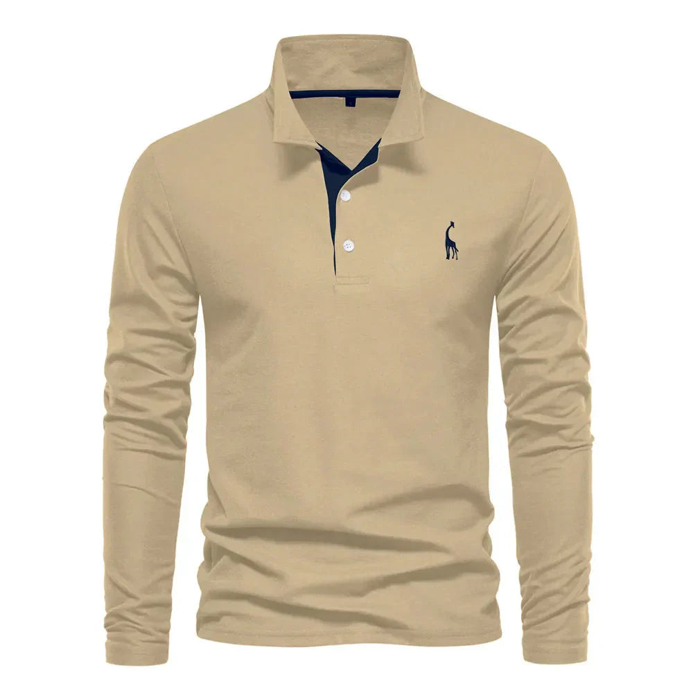 Men's Long Sleeve Polo Shirt with Slim Fit and Button Placket, Machine Washable