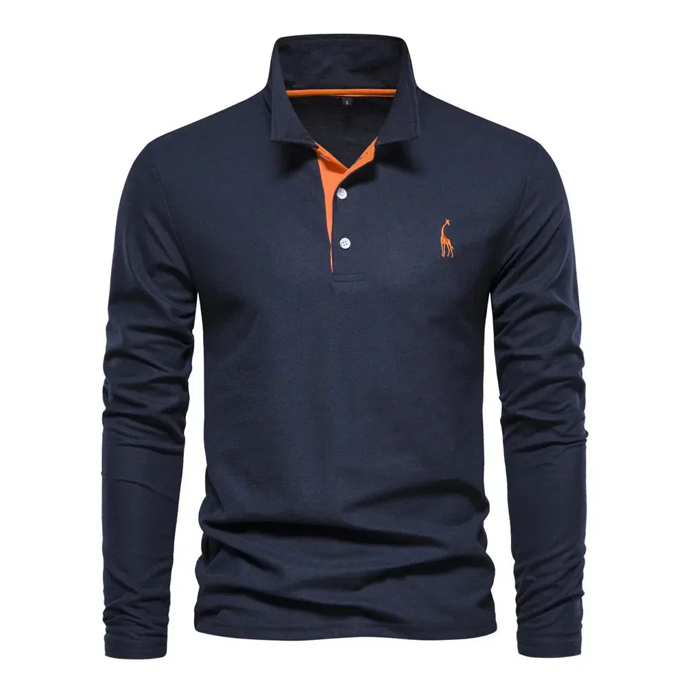 Men's Long Sleeve Polo Shirt with Slim Fit and Button Placket, Machine Washable