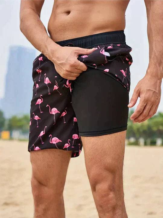 Men's Swim Shorts with Adjustable Drawstring Waist and Tropical Print, Quick-Dry Mid-Thigh