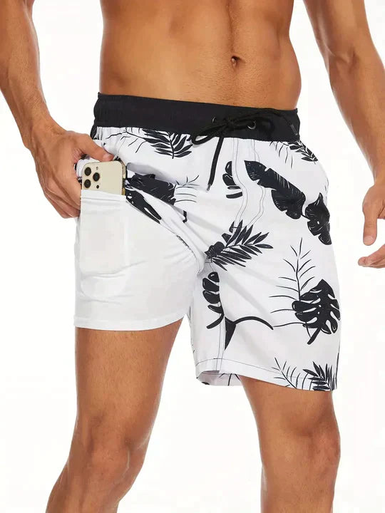 Men's Swim Shorts with Adjustable Drawstring Waist and Tropical Print, Quick-Dry Mid-Thigh