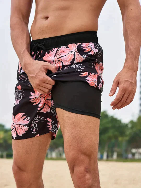 Men's Swim Shorts with Adjustable Drawstring Waist and Tropical Print, Quick-Dry Mid-Thigh