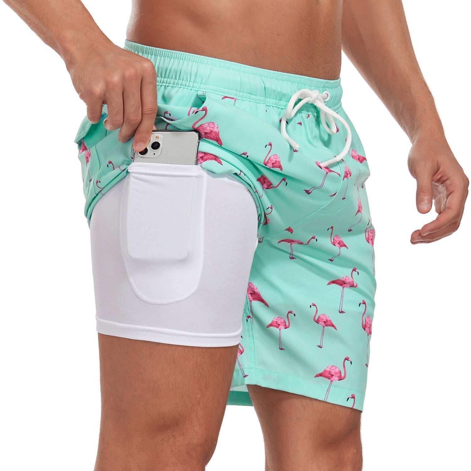 Men's Swim Shorts with Adjustable Drawstring Waist and Tropical Print, Quick-Dry Mid-Thigh