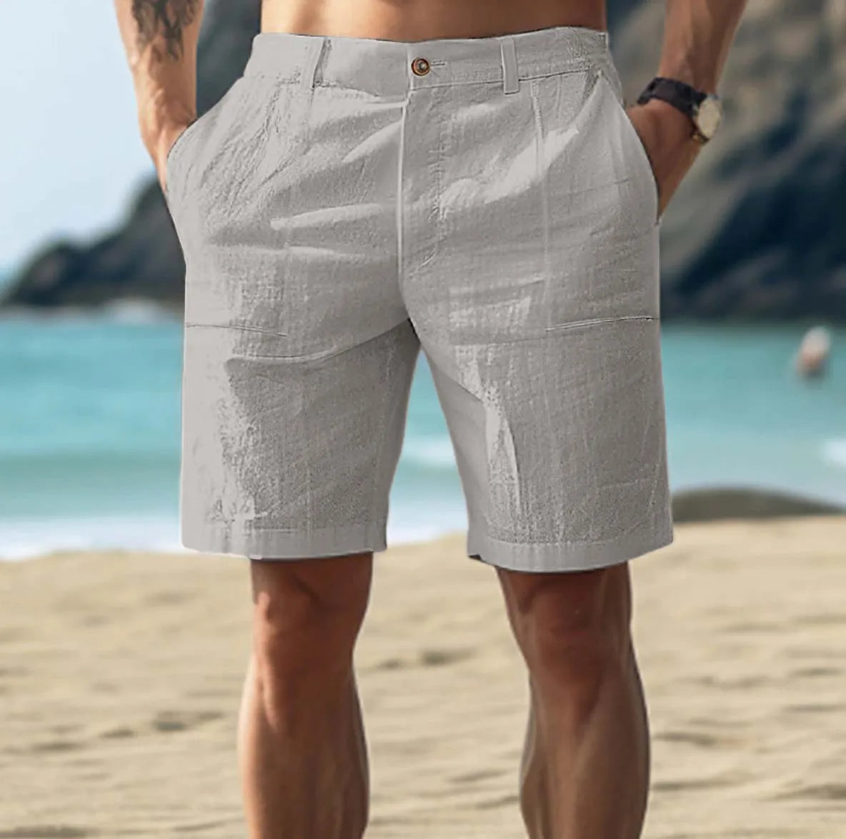 Men's Beach Shorts with Button Closure and Side Pockets, Straight Fit