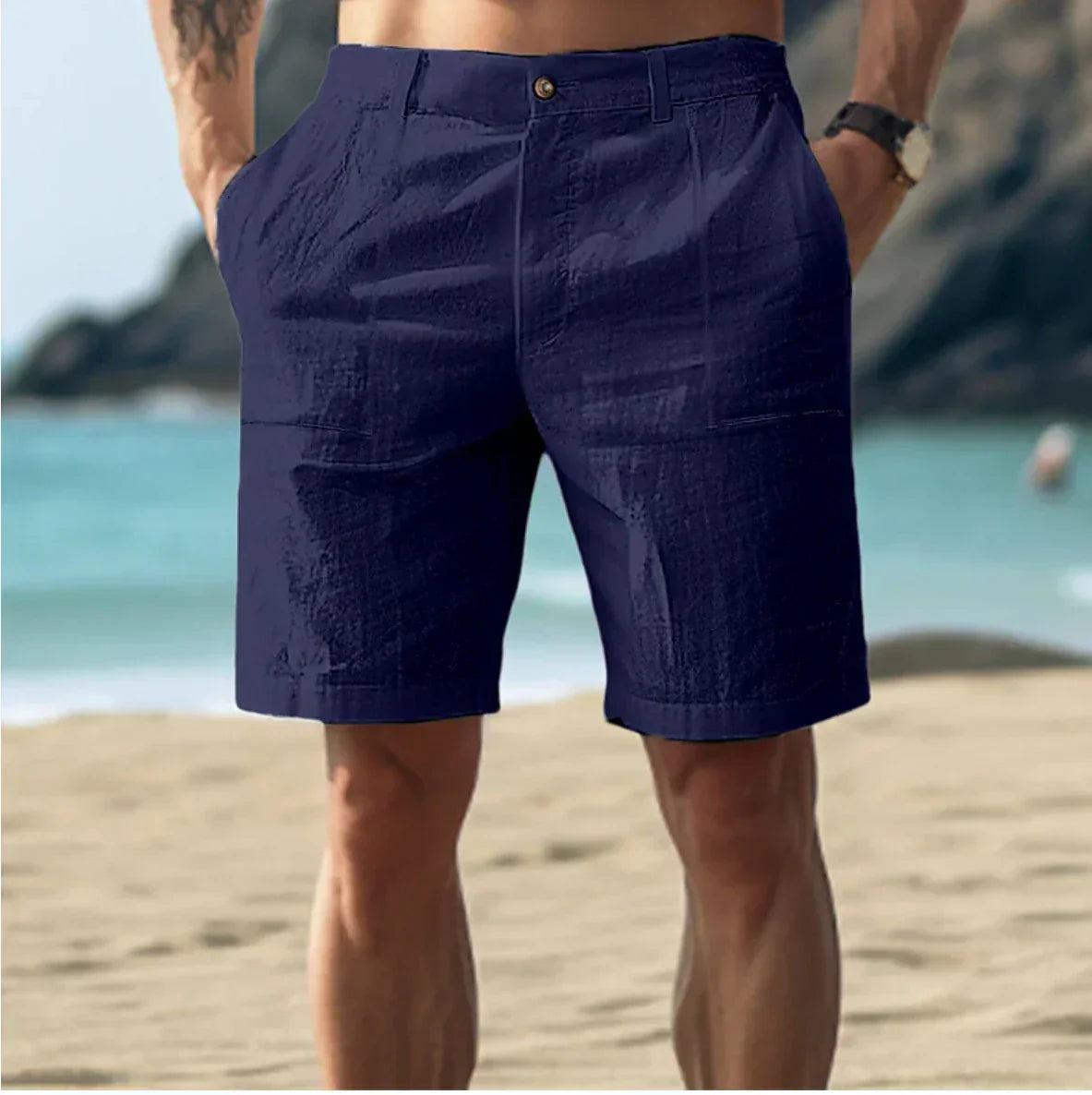 Men's Beach Shorts with Button Closure and Side Pockets, Straight Fit