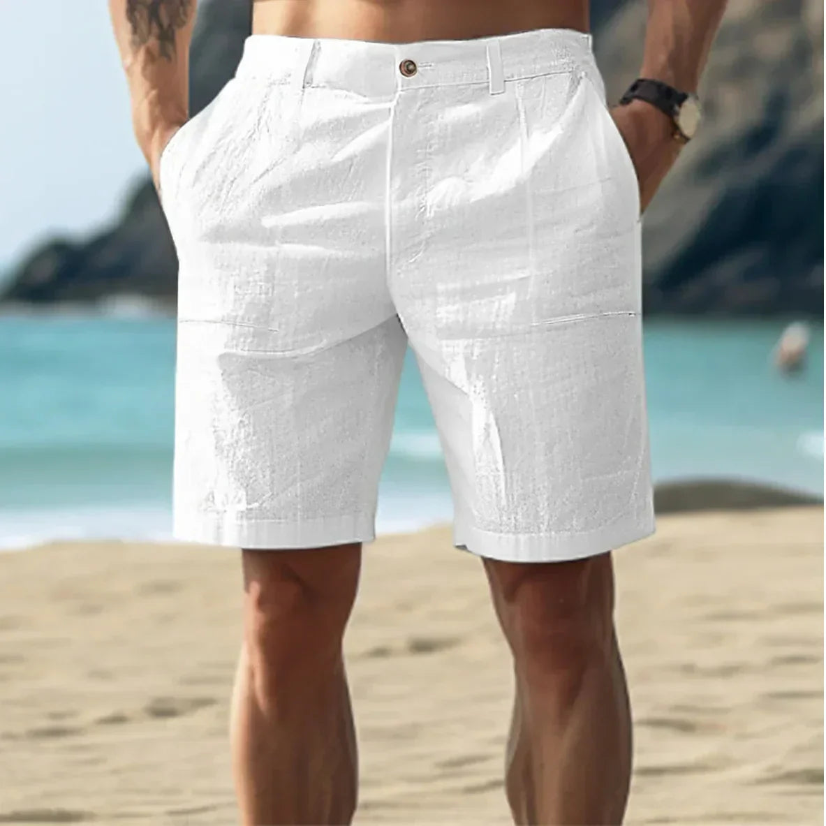 Men's Beach Shorts with Button Closure and Side Pockets, Straight Fit