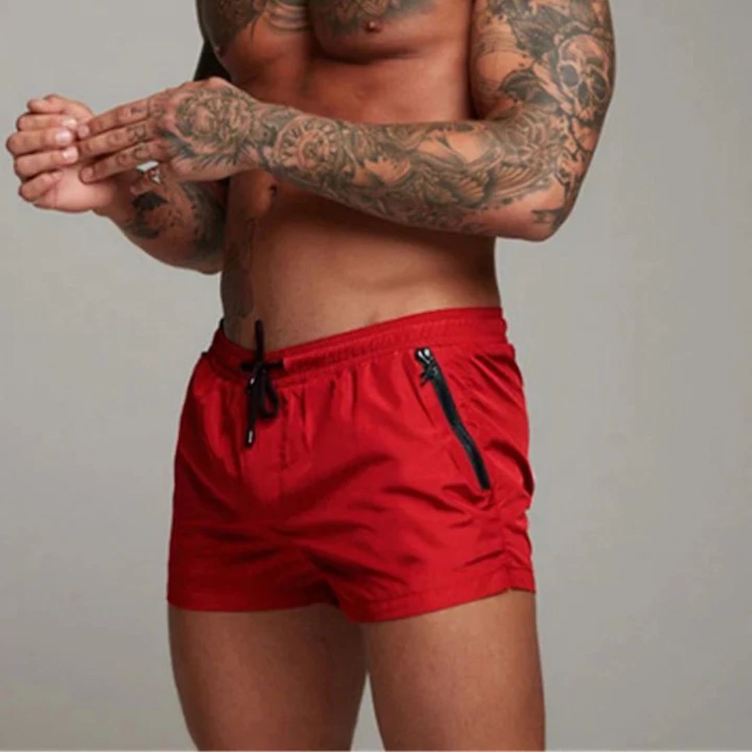 Men's Swim Shorts with Zip Pockets and Adjustable Drawstring Waist, Quick-Dry Mid-Thigh