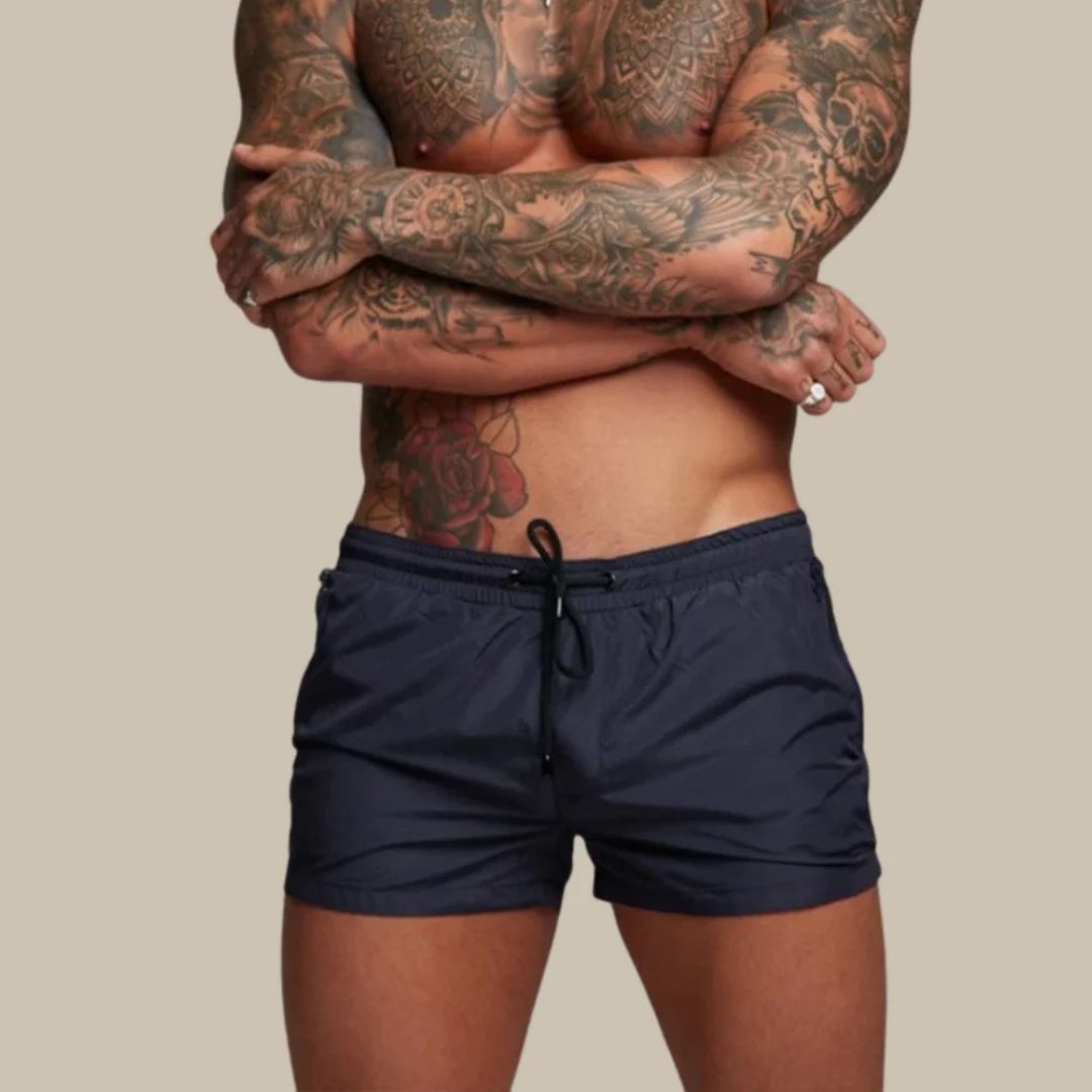Men's Swim Shorts with Zip Pockets and Adjustable Drawstring Waist, Quick-Dry Mid-Thigh
