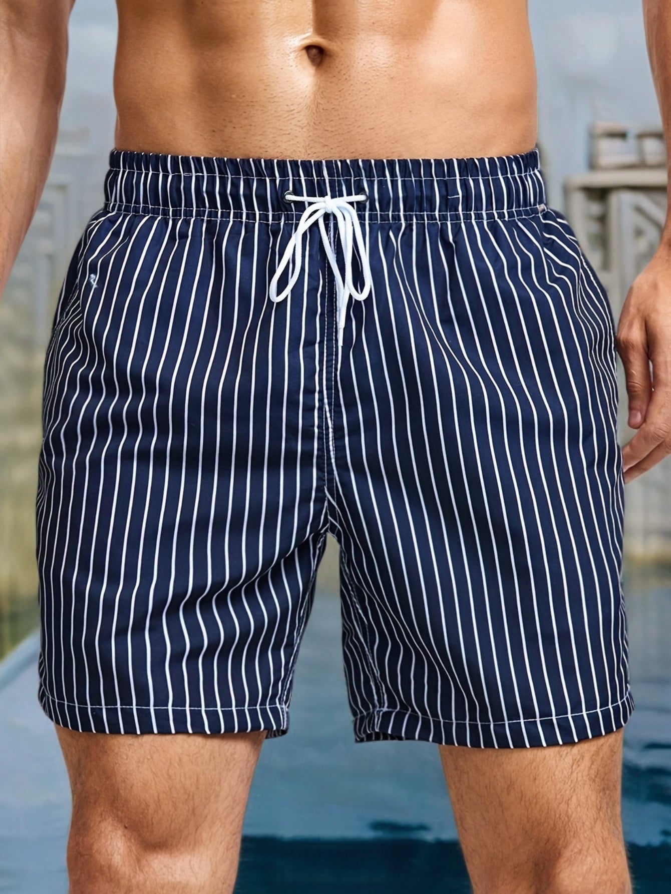 Striped Swim Shorts for Men with Drawstring Waist and Regular Fit, Pool-to-Street