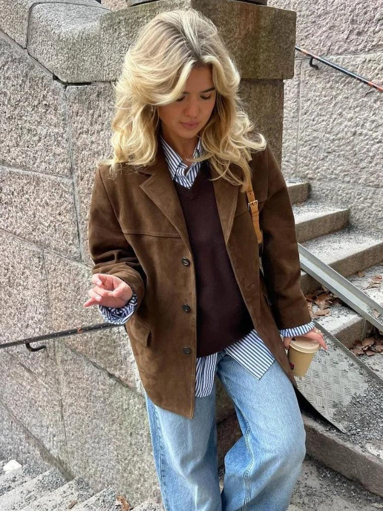 Brown Single Breasted Jacket Polyester Construction and Hip Length Coverage