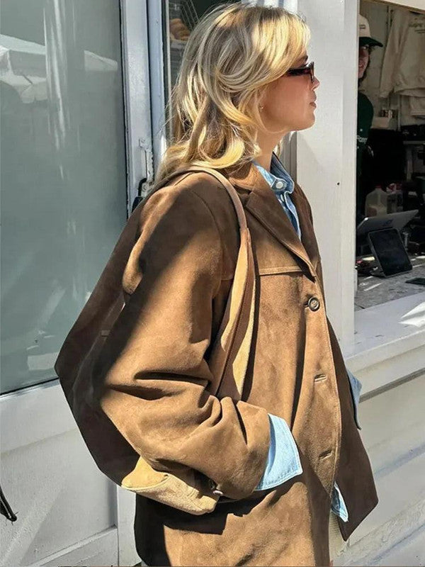 Brown Single Breasted Jacket Polyester Construction and Hip Length Coverage