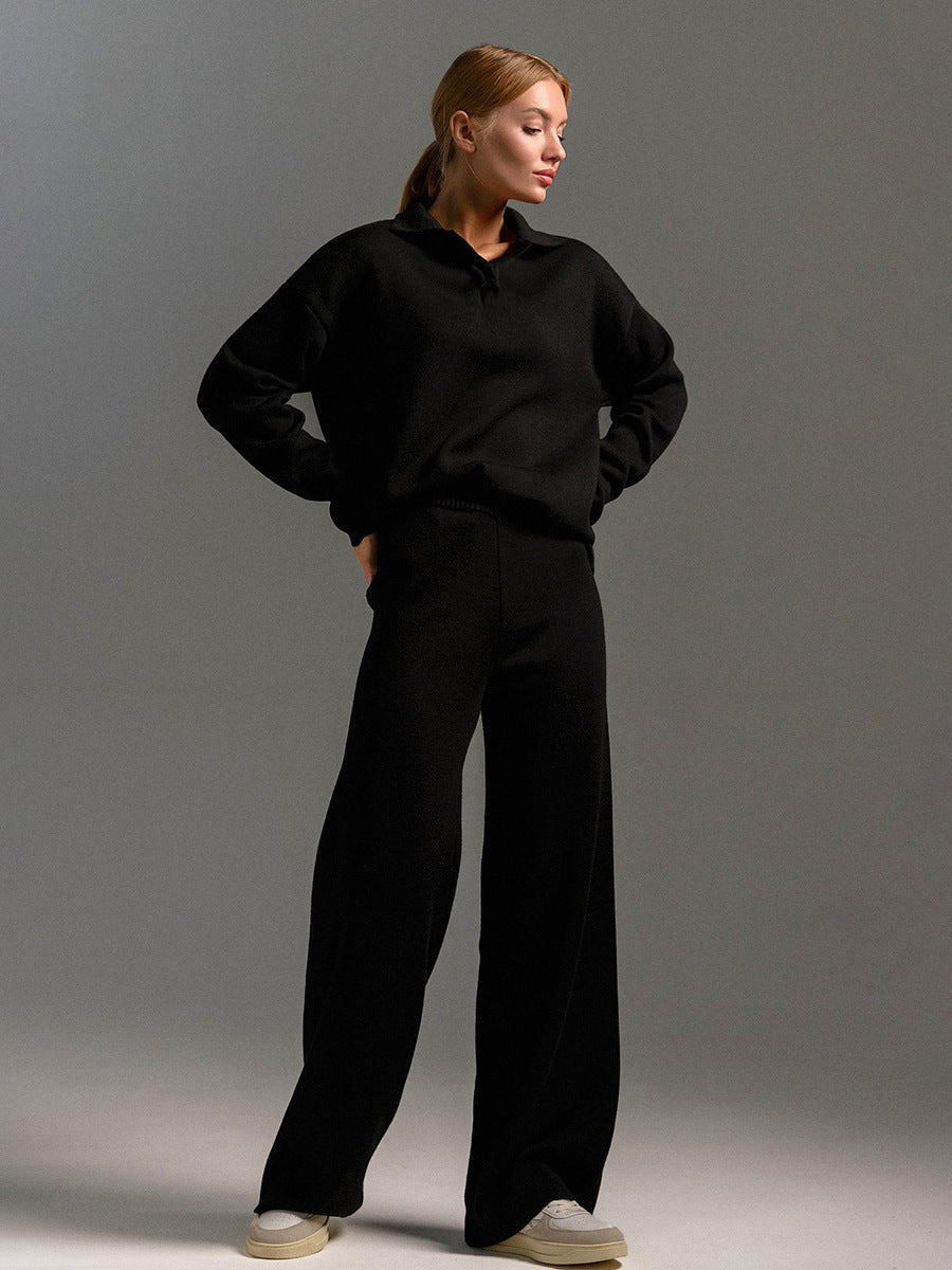Women's Lounge Set with Soft Collar and Wide Leg Pants, Relaxed Knit Blend