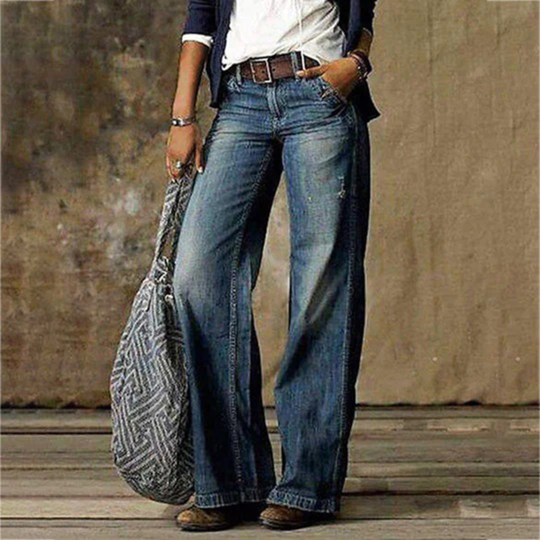 High Rise Wide Leg Jeans with Stretch Cotton Blend and Structured Waist for Women