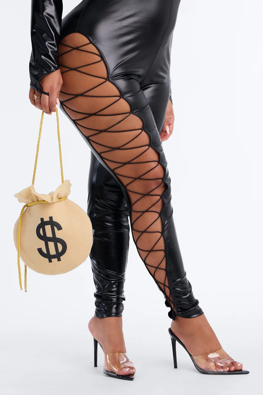Black Wet Look Bodysuit Costume with Cat Ears Headband and Face Mask