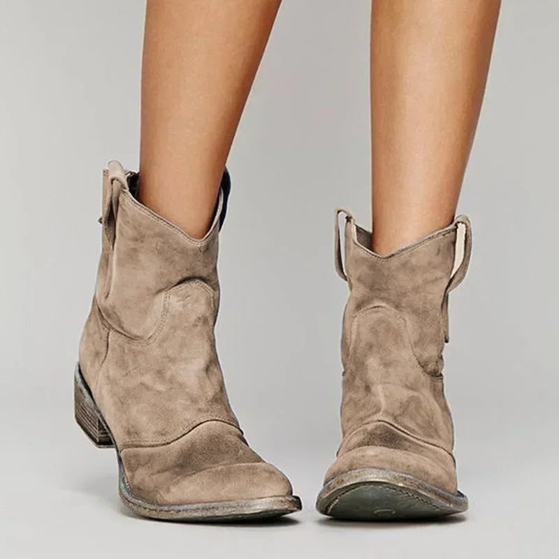 Western Ankle Boots with Pointed Toe and Low Stacked Heel, Cushioned Insole