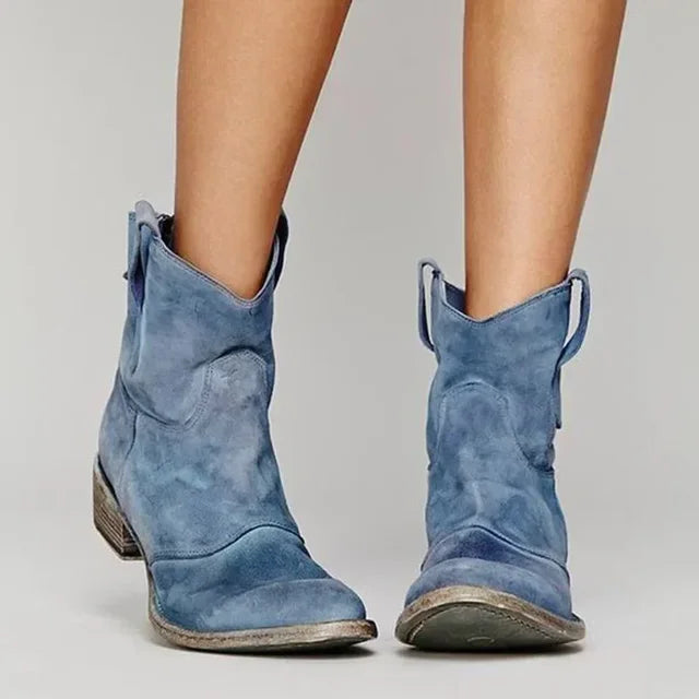 Western Ankle Boots with Pointed Toe and Low Stacked Heel, Cushioned Insole