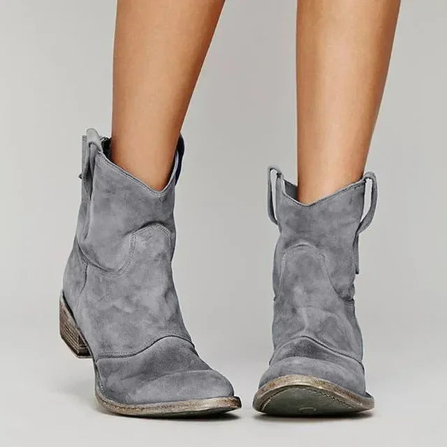 Western Ankle Boots with Pointed Toe and Low Stacked Heel, Cushioned Insole
