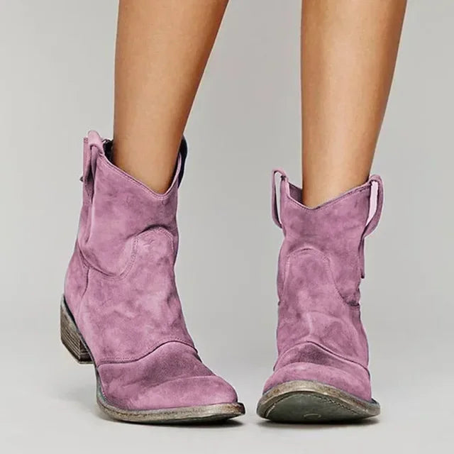 Western Ankle Boots with Pointed Toe and Low Stacked Heel, Cushioned Insole