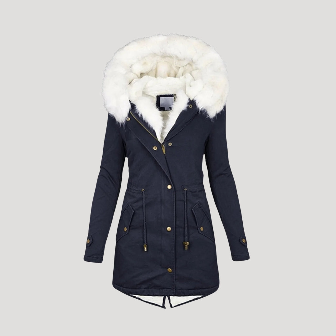 Women's Insulated Parka with Detachable Faux Fur Hood and Removable Belt, Multiple Pockets