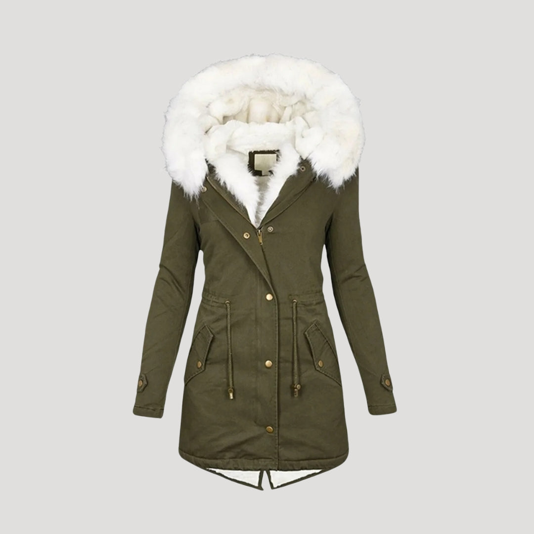 Women's Insulated Parka with Detachable Faux Fur Hood and Removable Belt, Multiple Pockets
