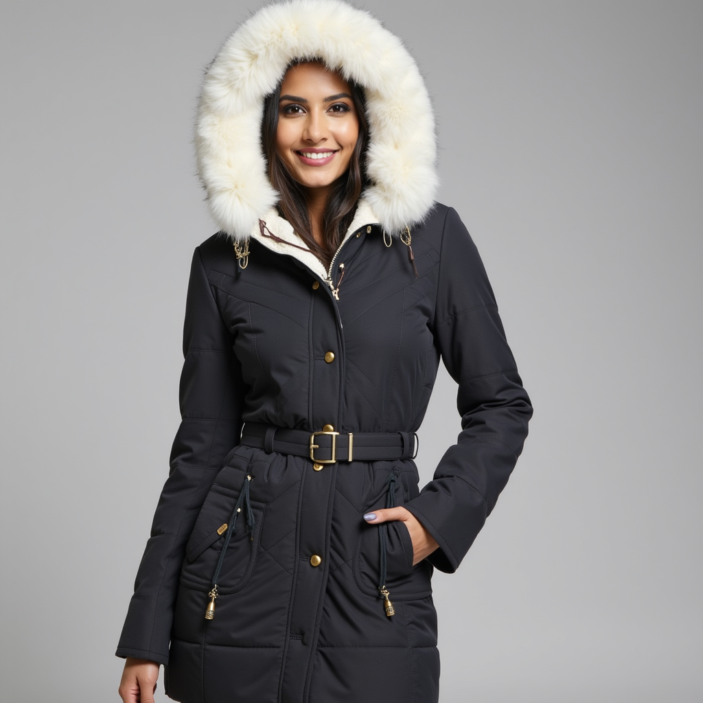 Women's Insulated Parka with Detachable Faux Fur Hood and Removable Belt, Multiple Pockets