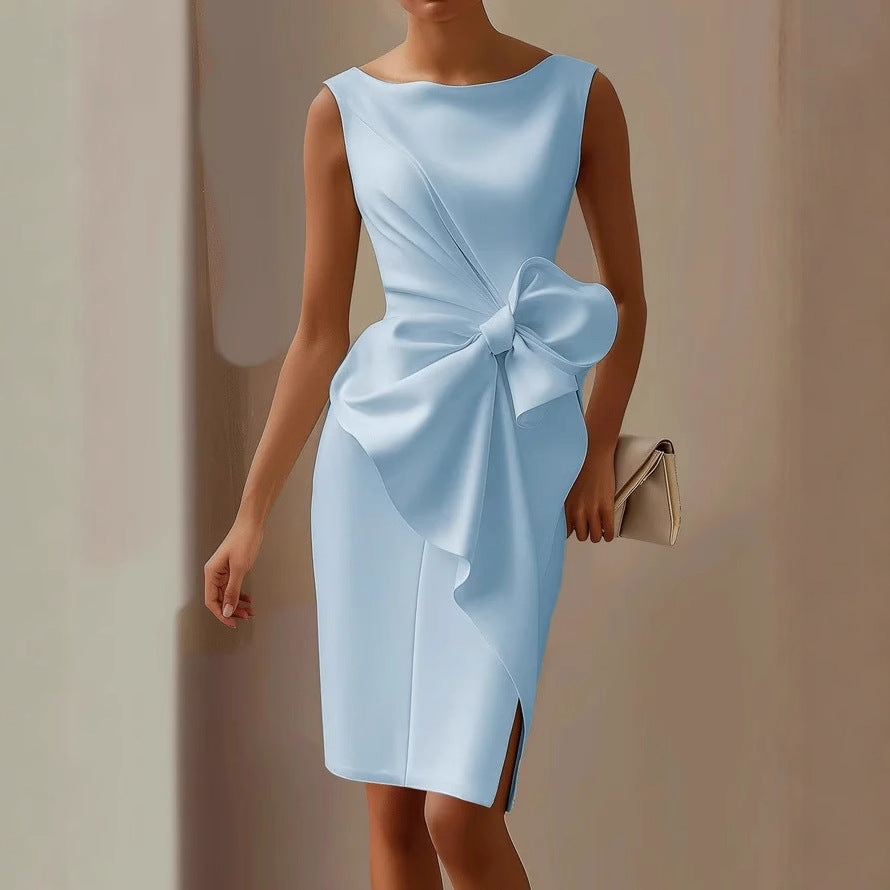 Sleeveless Dress with Oversized Bow and Asymmetric Draping for Events